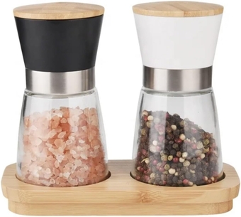 Salt and Pepper Grinder Set - Ceramic grinder for kitchen with Bamboo Stand. Adjustable Coarse Salt and Pepper Mills - Refillable Ceramic Burr Kitchen Gift Wooden lid (black and white)