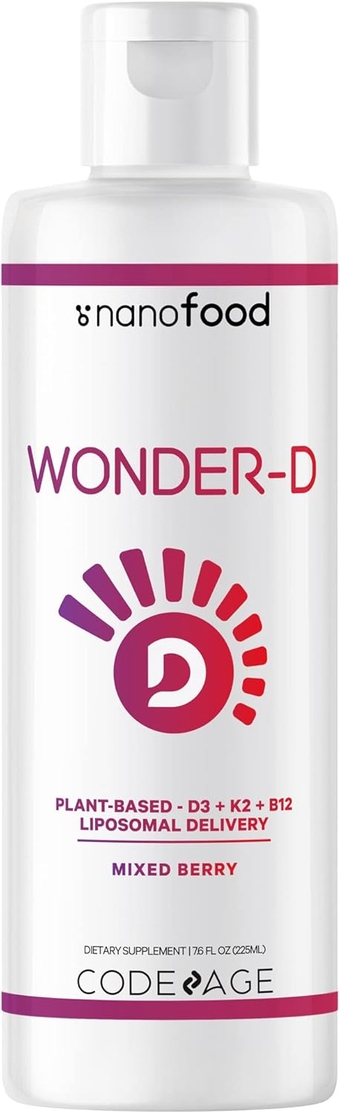 Liposomal Wonder-D, Vegan Cholecalciferol Vitamin D3 1000 IU Liquid Drops Supplement, Plant-Based Vitamins B12 & K2, Non-GMO Sunflower Phospholipids, Vitamin E, Mixed Berry Flavor, 7.6 fl oz