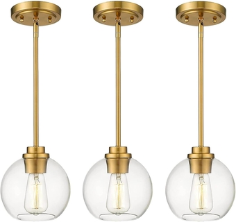 Gold Pendant Light Fixtures, Pendant Lights Kitchen Island with Adjustable Hanging Pole Ceiling for Kitchen Island, Dining Room, Bedroom, Hallway- 3 Pack (Without Bulb)