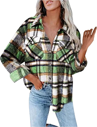 Ladies Casual Plaid Print Long Sleeve Button Pocket Lapel Shirt Medium Long Loose Oversize Coat Cardigan Moms Jacket
