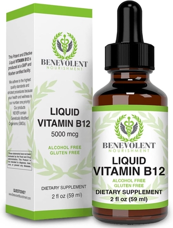 Vitamin B12 Liquid Drops Formula - Potent & Effective 5000 mcg per Serving with Folic Acid and Biotin Fast Absorbing Sublingual Formula - Delicious Raspberry Flavored for All Family - Gluten Free