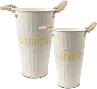 Set of 2 Galvanized Flower Vase, 11.8 Inches and 9.8 Tall, Farmhouse Vase Bucket with Rope Handles for Fresh Dried Flower, Rustic French Home Decor, Centerpieces, Beige
