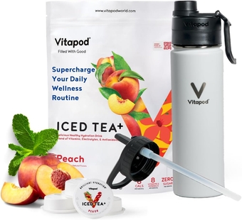 Peach Iced Tea Flavored Water Enhancer Pods Starter Bundle, 60mg Caffeine, Water Flavoring, Sugar Free, Vitamin C, Vitamin D, Zinc, 30 Pods, 22 oz Stainless Steel Water Bottle, White