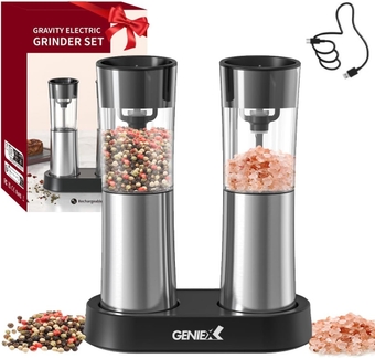 Electric Salt and Pepper Grinder Set, Gravity Salt Pepper Grinders with Charging Base, Auto Pepper and Salt grinding, Automatic Salt and Pepper shakers, Cool Kitchen Gadgets, Perfect Housewarming Gift