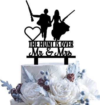 The Hunt is Over Wedding Cake Topper - Groom and Bride With Rifle Funny Wedding Cake Topper, Mr and Mrs Wedding Cake Topper