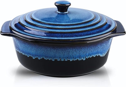 Ceramic Casserole Dish with Lid Oven Safe, 2 Quart Casserole Dish, Covered Round Casserole Dish Set, 9 inch Baking dish With Lid for Dinner, Deep Casserole Cookware Set, Reactive Glaze