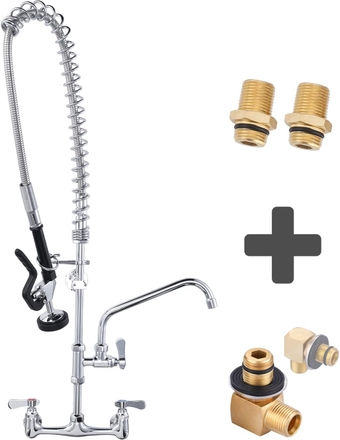 36" Commercial Kitchen Faucet Wall Mount with Pre-Rinse Sprayer & 2PCS Installation Kit Replacement 1/2" NPT, Back Splash Mount Set