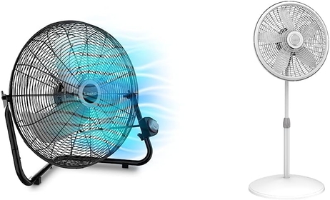 High Velocity Floor Fan with Wall mount Option, 20", Black, 2264QM & Oscillating Pedestal Fan, Adjustable Height, 3 Speeds, 18", White, 1820