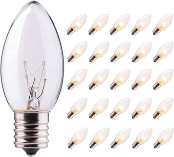 C9 Clear Incandescent Bulbs Christmas Replacement Bulbs, 25 Pack C9 Indoor/Outdoor Bulbs for Christmas Tree, Home, Patio, C9/E17 Intermediate Base-7 Watt Lights
