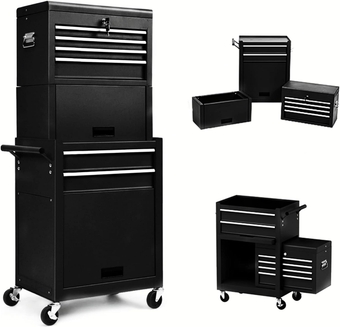 6-Drawer Rolling Tool Chest, ‎ 3-in-1 Tool Box Organizer w/Auto Locking System & Lockable Wheels & Sliding Drawers & Detachable Top, Tool Storage Cabinet for Garage Workshop(Black）