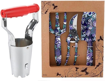 Bulb Planter with Depth Mark- Ideal Bulb Transplanter for Planting and   3 Piece Aluminum Garden Tool Set - Trowel, Cultivator, Pruning Shear, Gift Set for Gardenin