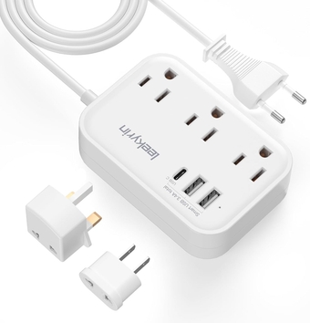 European Travel Plug Adapter, US to UK Europe Power Strip for EU/UK/US with USB C, 3 USB Ports 3 AC Outlets, 5ft Extension Cord, International Travel Power Strip (Type A/C/G, 5 FT)