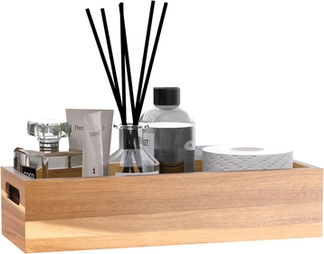Natural Acacia Hardwood Bathroom Tray with Handles for Organizing Toiletries and Accessories - Large 16.5x6 in Size for Countertop, Shelf, or Tank Top Storage