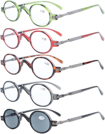 5-Pack Spring Temple Vintage Mini Small Oval Round Reading Glasses Include Sunshine Readers +3.0