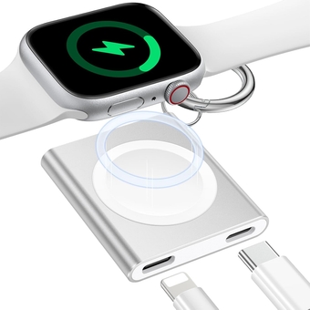Portable Charger for Apple Watch, Spare Magnetic Apple Watch Charger for Travel/Office/Home/Car, Mini Charging Pad with Lightning and USB-C Dual Input Ports for iWatch 9/8/7/6/5/4/3/2/1/SE/Ultra