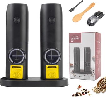 Electric Salt and Pepper Grinder Set,USB Rechargeable Base,Automatic Pepper and Salt Mill Grinder with Adjustable Coarseness,No Battery Needed, One Hand Operated,LED Light，(Pack of 2 Mills)