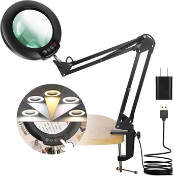 8X Magnifying Glass with Light, 5 Color Modes Stepless Dimmable, Adjustable Swing Arm LED Lighted Desk Lamp with Clamp, Hands Free Magnifier with Light and Stand for Craft Hobby Close Works