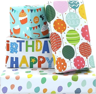 Cute Happy Birthday Gift Wrap Wrapping Paper Set of 4 Sheets in 4 Designs Include Happy Birthday Lettering, Polka Dot, Balloons, Cupcake Muffin for Kid's Girls Boys Women Men Birthday, Folded Flat