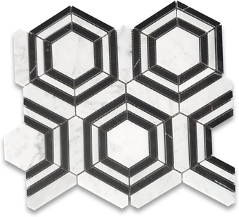 Carrara White Marble 3 inch Hexagon Georama Geometric Mosaic Tile w/Nero Marquina Black Strips Polished Kitchen Bath Wall Floor Backsplash Shower (1 Sheet)