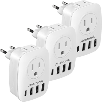 [3-Pack] European Travel Plug Adapter,  International Power Adaptor with 2AC Outlets & 3USB-A & 1USB-C Charger from USA to Most of Europe EU Spain Germany France Italy Israel(Type C)