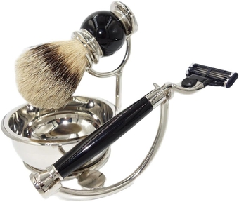 Simple Men's Razor Brush Stand，Fashion 4 in 1 Black Enamel Safety Razor Gift Set，Male Badger Hair Mug Bowl Shaving Brush Holder