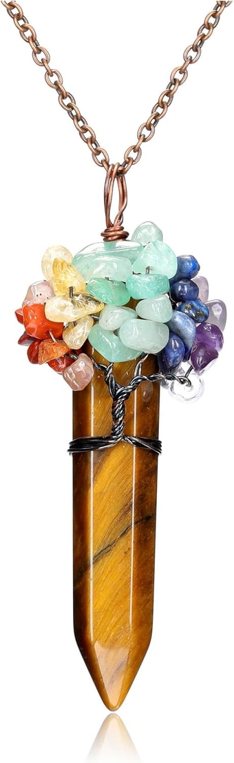 Chakra Healing Crystal Necklace for Women Handmade Tree Life Wire Wrapped Natural Quartz Crystal Points Stone Necklace 7 Chakra Gemstone Pendant Necklace Jewellry Gift for Her Christmas