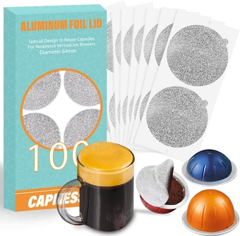 100Pcs Aluminum Foils Seals for Espresso Capsules Vertuoline, Aluminum Foil Lids Seals Compatible with Vertuoline Pods Reusable Vertuo Capsules