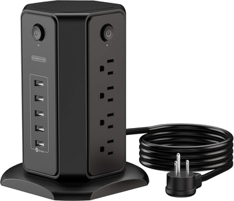 10ft Extension Cord Power Strip Tower,  Flat Plug Surge Protector with 8 Outlets 5 USB Desktop Charging Station, Individual Switches, 1080 Joules, 13A Circuit Breaker for Home Office, Black