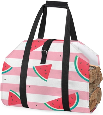 Red Watermelon Wood Carrier for Firewood Pink Stripes Foldable with Handles Firewood Tote Wood Stove Accessories for Fireplace Outdoor Camping Indoor BBQ