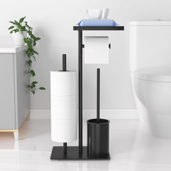 Toilet Paper Holder Free Standing - Toilet Paper Holder Stand with Storage Shelf, Black Toilet Paper Holder with Toilet Brush, Bathroom Toilet Paper Roll Holder, Floor Standing Toilet Roll