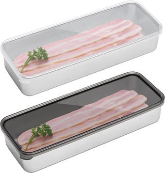2 Pcs Bacon Container for Refrigerator, 304 Stainless Steel Airtight Cheese Container for Refrigerator, Dishwasher Safe Long Deli Meat Storage Containers Fruit Tray with Lids (Black and White)