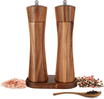 QUEEN Salt and Pepper Grinders Refillable Set, Acacia Wood Salt and Pepper Set, Easy Refillable, Cool Kitchen Gadget, 8" Manual Wooden Salt Pepper Grinder Adjustable Coarseness and Tray 2pcs