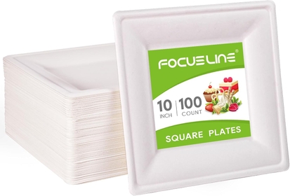 100pcs 10inch Compostable Paper Plates, Square Plates Disposable Eco-Friendly Biodegradable, Made of Sugarcane Fibers