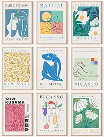 Eclectic Gallery Wall Art Set of 9, Abstract Matisse Poster Flower Market Prints, Minimalist Wall Decor Canvas Paintings, Trendy Aesthetic Room Decor for Bathroom, Bedroom, Living Room, Office(8"x10")