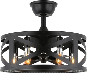 Caged Ceiling Fans with Lights, 20" Bladeless Flush Mount Ceiling Fan with Lights, 7 Enclosed Blades, 3 Wind Speeds Industrial Low Profile Ceiling Fan for Bedroom, Living Room (Black)
