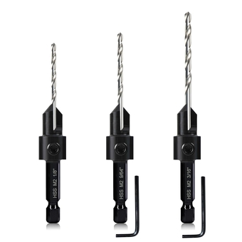 3-pc Countersink Drill Bit Set #10#12#16, 3in1 Woodworking Counterbore Hole Saw Drill Bits, Depth Adjustable M2 Pilot Drill Bits, 82-Degree Chamfer, 1/4” Hex Shank, with 1 Allen Wrench