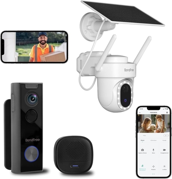 2K Solar Security Cameras Wireless Outdoor with 14 Spotlights +Wireless Doorbell Camera with Wireless Chime, Doorbell Mount