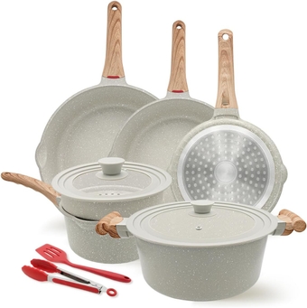 10 Pcs Nonstick Cookware Set, Non Stick Pots and Pans Set with Lid, Kitchen Cookware Sets for Cooking with Cool Handle, Compatible with All Stovetops, PFOA free (White)
