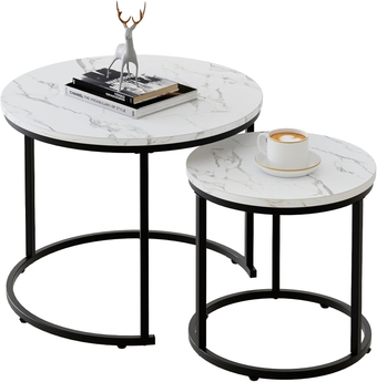 Round Nesting Coffee Table Side Table Set of 2 End Tables for Living Room Bedroom Balcony,White Faux Marble Wooden Table 31IN Accent Large Coffee Table with Black Steel Frame