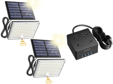 Power Strip & Solar Outside Lights with 113 Bright LEDs Motion Sensor Outdoor Flood Lights Dusk to Dawn with 16ft Cable IP65 Waterproof, Security Light for Garden Barn Porch 2 Pack