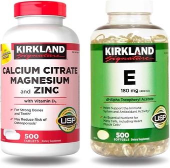 Kirkland Signature – Calcium Citrate, Magnesium and Zinc 500 Tablets + Vitamin E 400IU, 500 Softgels (Bundle of 2 Units Total)