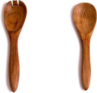 6 Inch Acacia Wood Salad Server Set Wooden Mixing Tongs Dinner Fork & Spoon Serving Utensils For Tossing Salad Handmade Cookware Salad Cooking Utensils & Accessories For Kitchen, Natural Brown