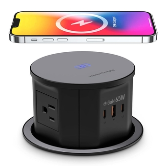 Pop up Outlet for Countertop with 15W Wireless Charger,65W USB C Charging Station,4 Outlets,2 USB C,USB A,Tamper Resistant Receptacle,4.7'' Hole Power Grommet,Office Power Supply,Black