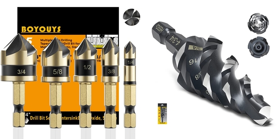 Countersunk Bit Set for Metal, M2 Cobalt Countersunk Bits 5 Pieces,M35 Four Spiral Flute Step Drill Bit Set 1/4"-3/4" （9 Sizes）, 1/4" Hex Shank Drill ， Impact Resistant M35 Cobalt Step Drill Bit