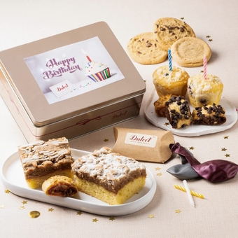 Happy Birthday Deluxe Bakery  Box, Includes Fresh Baked Raspberry and Old Fashioned Crumb Cake with Candles and Balloons, Ideal Present for Men Women Family Friends or Teens.