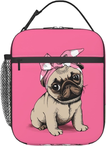 Pug Dog Lunch Bag Insulated Lunch Box For Women Men,Durable Portable Adult Cooler Lunch Tote Boys Girls Lunchbox With Side Pocket For Work Office School