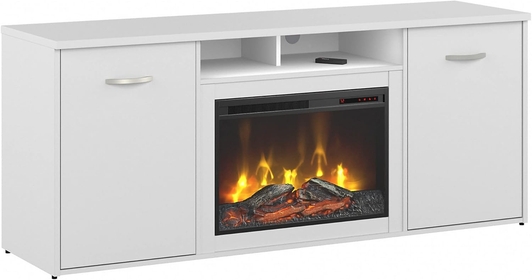 Bush Business Furniture BBF Conference Tables Office Storage Cabinet with Doors and Electric Fireplace, White