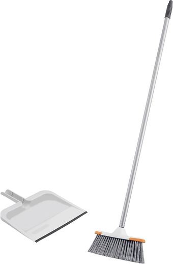 Angle Broom and Clip-On Dustpan Set, Slim Hand Broom Telescopic Handle 53 Inches Tall, Clip On Dust Pan with Low Edge Rubber Lip