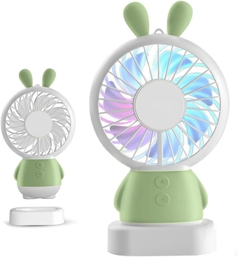 Portable Fan Handheld, Personal Fans Small Handheld, Mini Cooling Fan Multi-Color LED Light Linglong Rabbit Fan Standable Hanging Fan Gifts for Home Travel Indoor Outdoor Baby Kids (Green Rabbit)