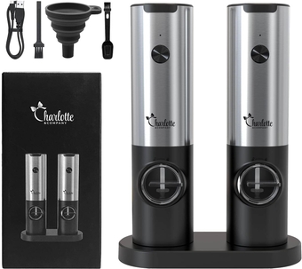 Charlotte & Company Signature Stainless Steel USB Stand Rechargeable 100 ML Automatic Salt and Pepper Grinder Set